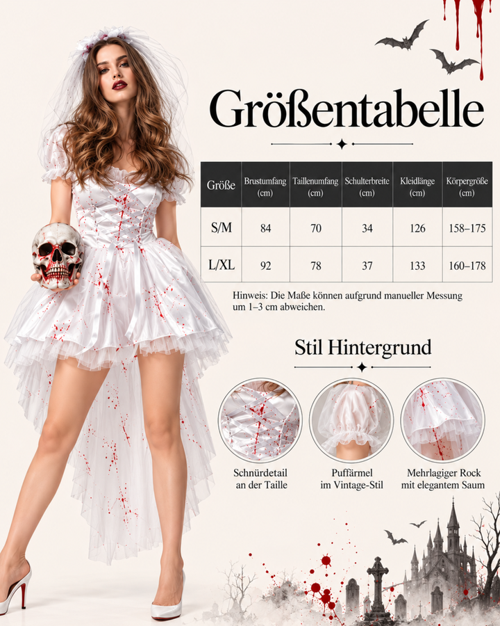 Halloween-Brautkostüm in Weiss mit asymmetrischem Rocksaum