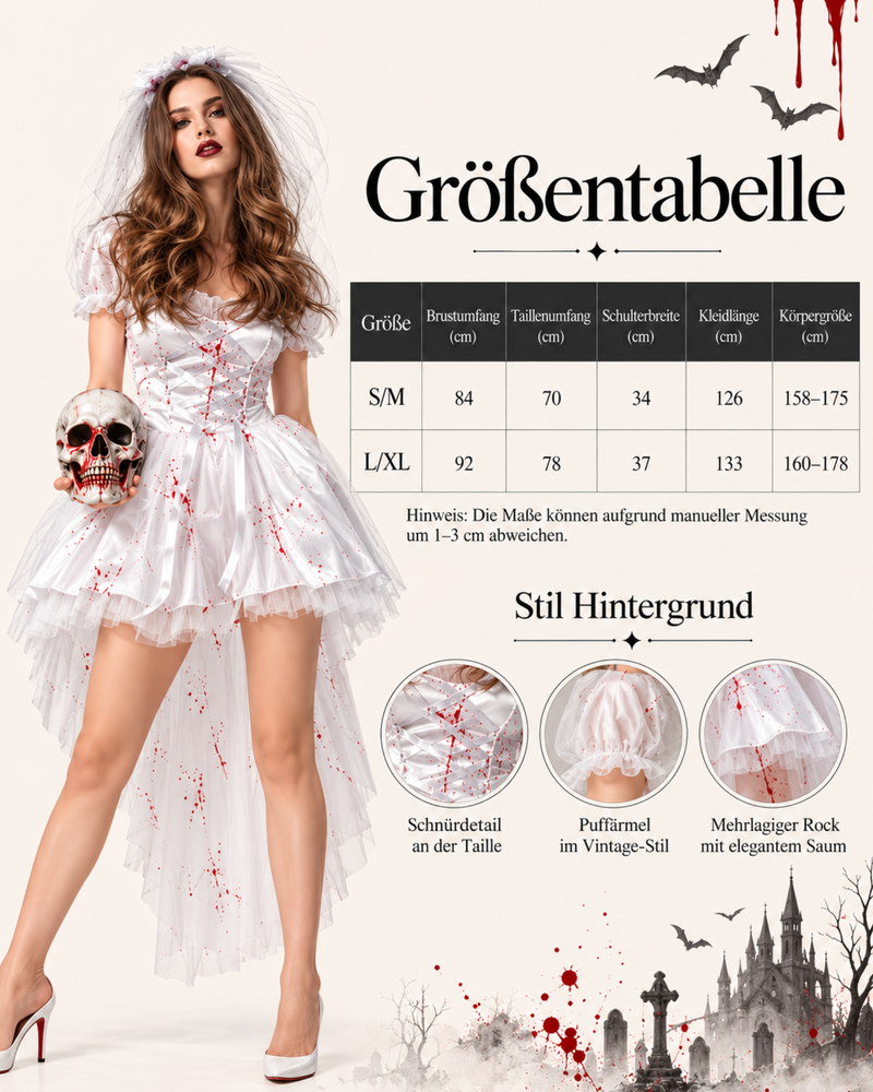 Halloween-Brautkostüm in Weiss mit asymmetrischem Rocksaum