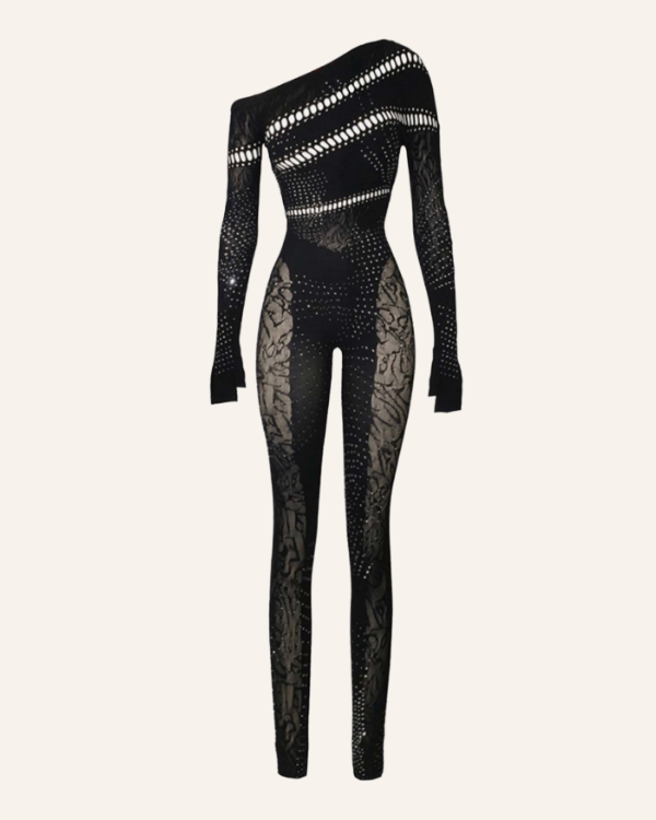 Bodystocking Damen schwarz | Sexy Overall Jumpsuit Einteiler mit Cut-outs und Glitzer Steinen 