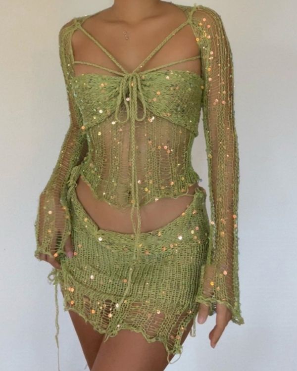Hellgrünes Festival Crochet Häkel Strick Outfit Set aus kurzem Rock und Crop Top 