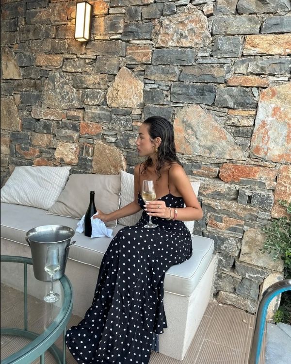 schwarzes Chices Damen Kleid mit weissen Punkten - Polka Dots Abendkleid Bodenlang 