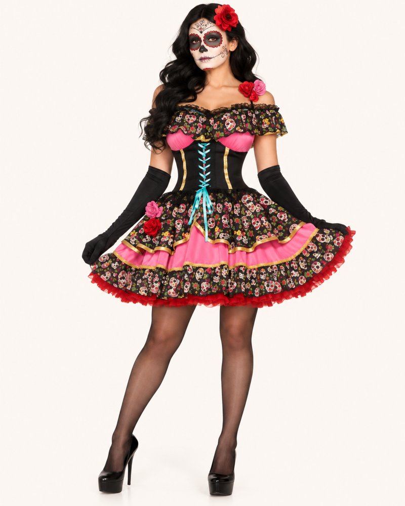 Día-de-los-Muertos-Kleid Catrina Rosa mit farbigem Blumenmustern