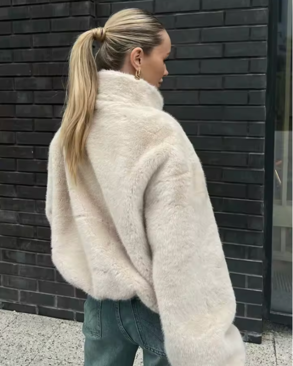 Cremefarbene Teddyjacke weich - Damen Fleece Jacke 