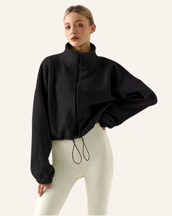 Schwarze hochwertige Damen Fleece Jacke mit Stehkragen - Perfekt für kalte Tage 