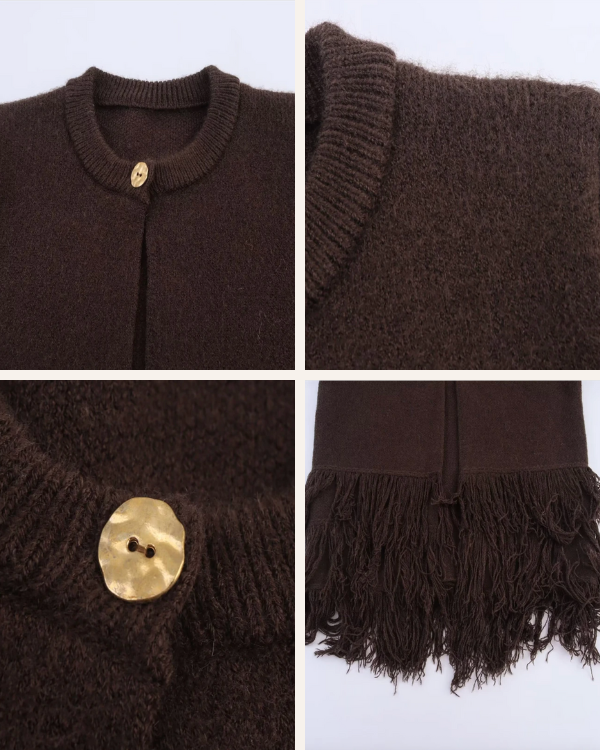 Cozy Boho Strickjacke | Braune elegante Damen Strickjacke Cardigan mit Fransen 