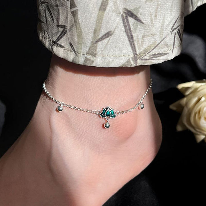 Feine Fusskette aus Echt Silber 924 mit Lotus Blumen Symbol