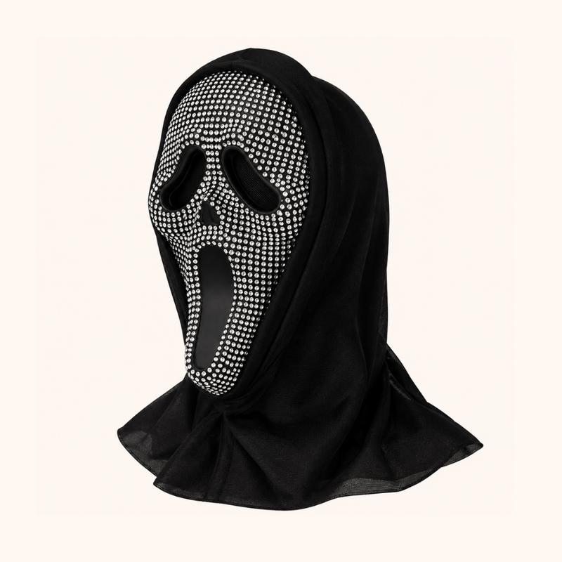 Schwarze Gruselmaske mit langgezogenem Mund und Glitzerdetails