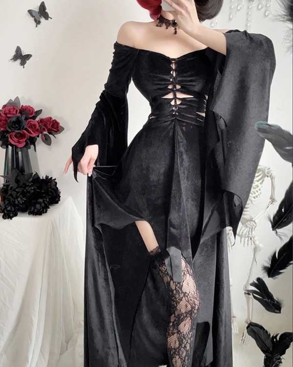 Schwarzes Samtkleid Gothic Damen Halloween Kostüm