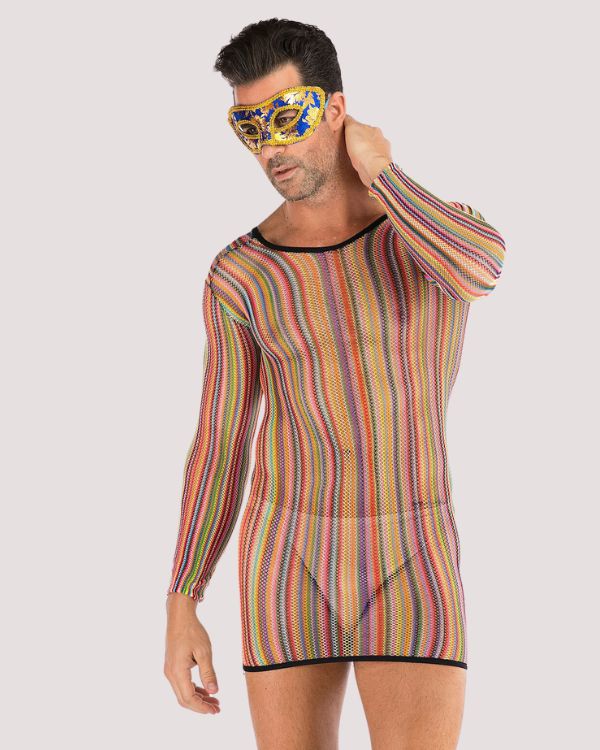 Fetisch Herren Mesh Shirt, transparent mit farbigen Streifen 