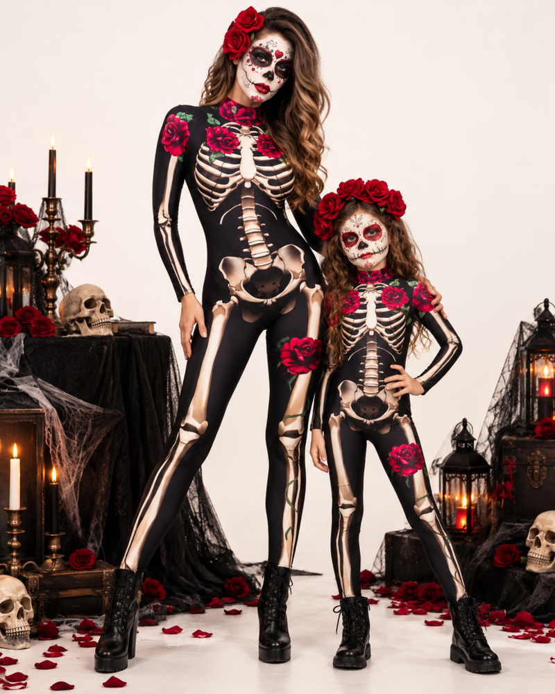Halloween-Kostüme im Mutter-Tochter-Partnerlook mit Skelett- und Rosenmotiven