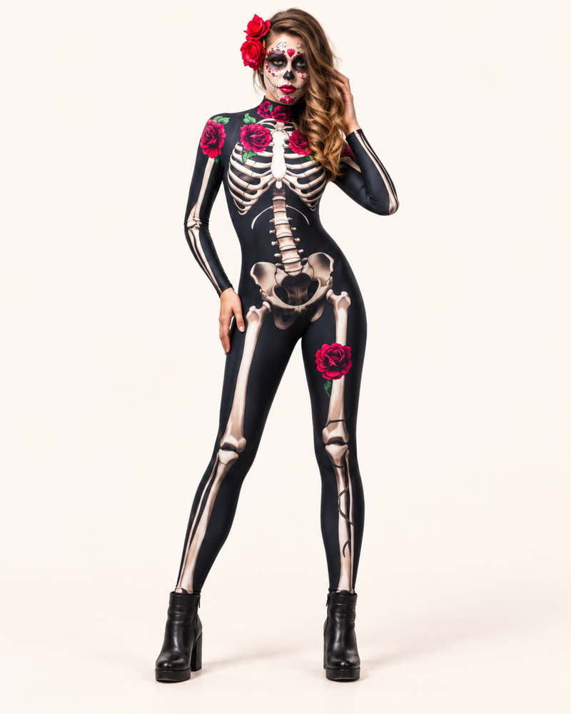 Damen-Halloween-Kostüm Scarlet Bones mit Skelettdruck auf Oberkörper, Armen und Beinen
