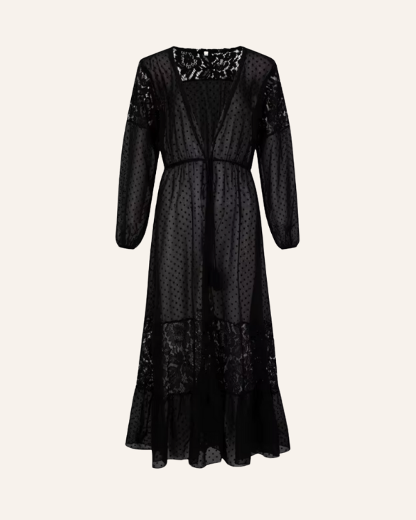 Schwarzer langer Kimono mit Spitze - eleganter Damen Strand Kimono