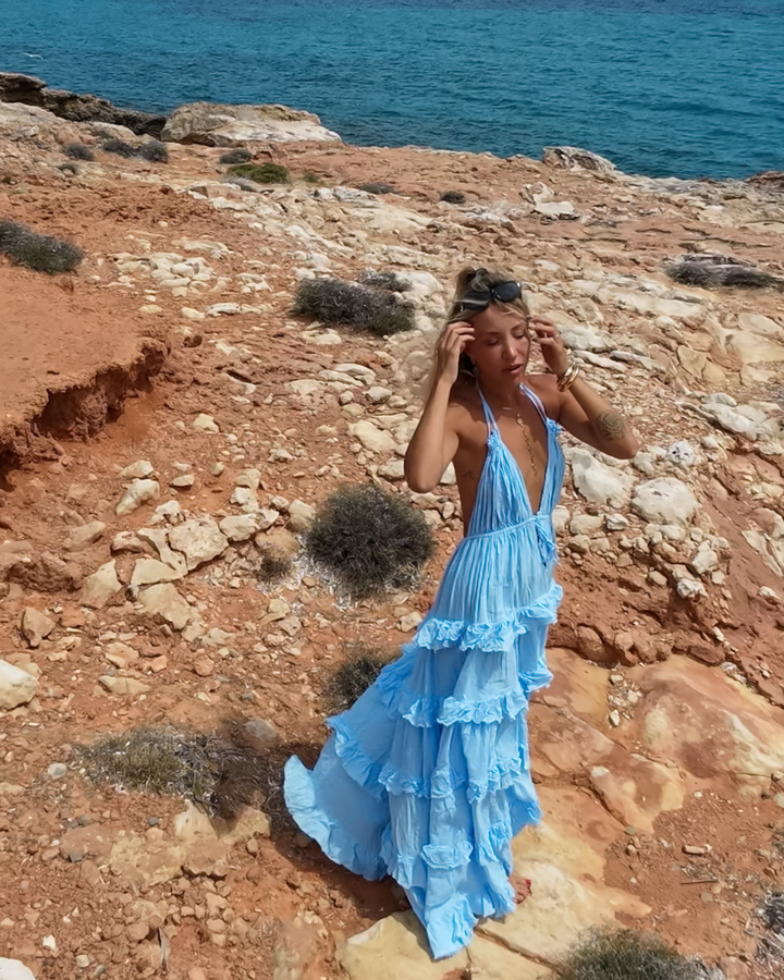 hellblaues Sommerkleid mit offenem Rücken und Volants  Boho Chic Damen Kleid 
