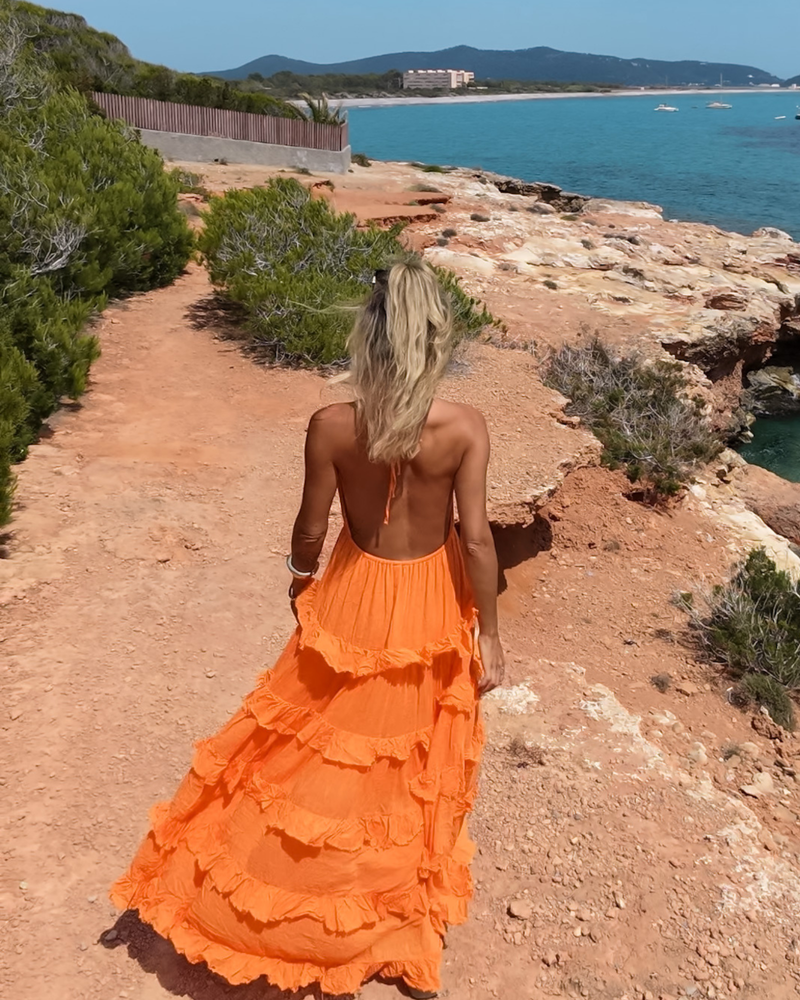 Langes Sommerkleid mit offenem Rücken und Volants - oranges cotton kleid 