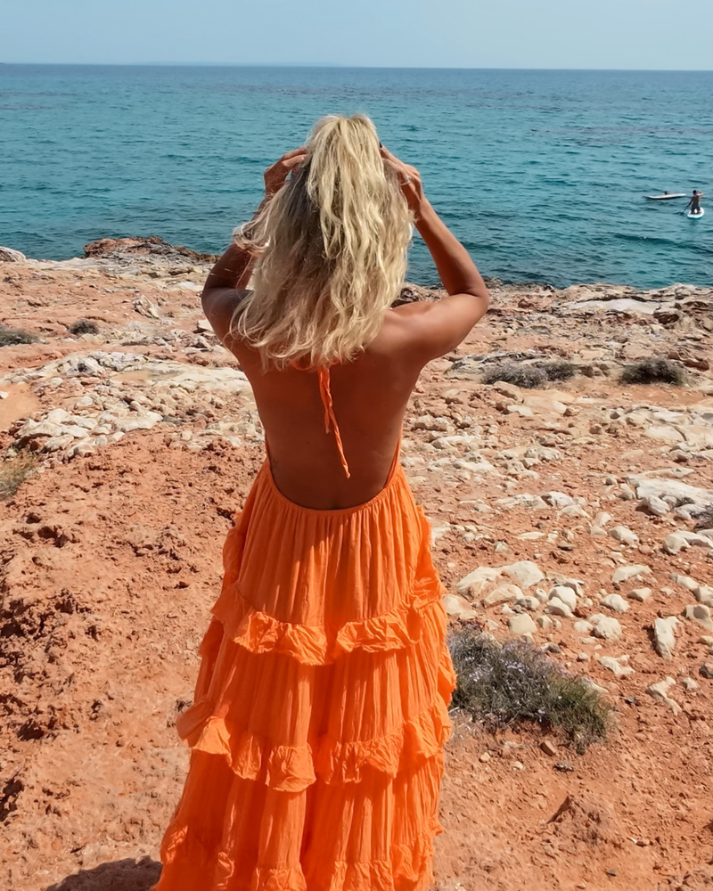 Baumwolle Damen Kleid mit offenem Rücken - oranges Ibiza Style Kleid 