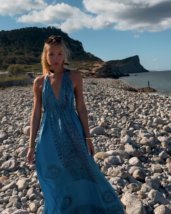 Spirituelles Sommerkleid blau für Damen - Om Boho Damen Kleid in lang 