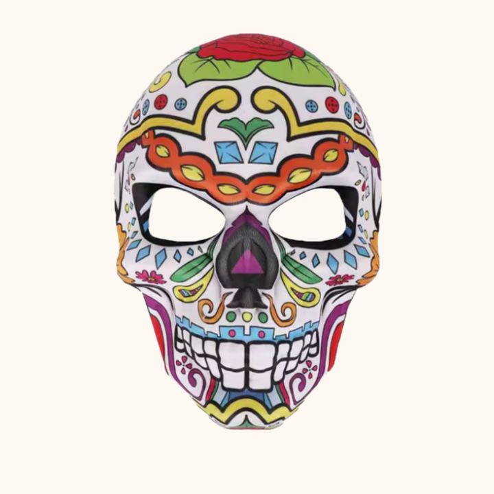 Farbige Totenkopfmaske Calavera Fiesta mit roter Rose auf der Stirn