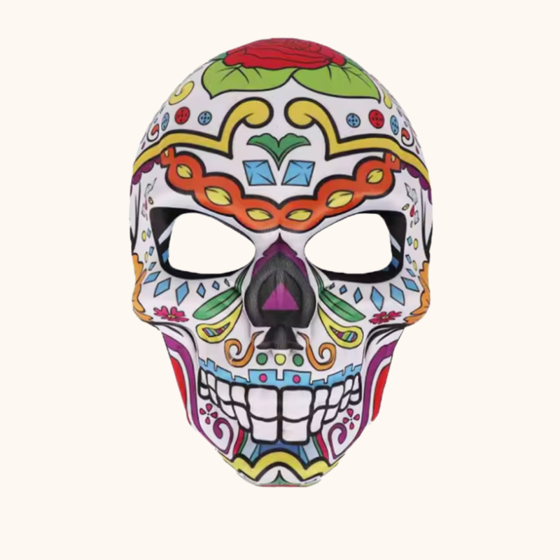 Farbige Totenkopfmaske Calavera Fiesta mit roter Rose auf der Stirn