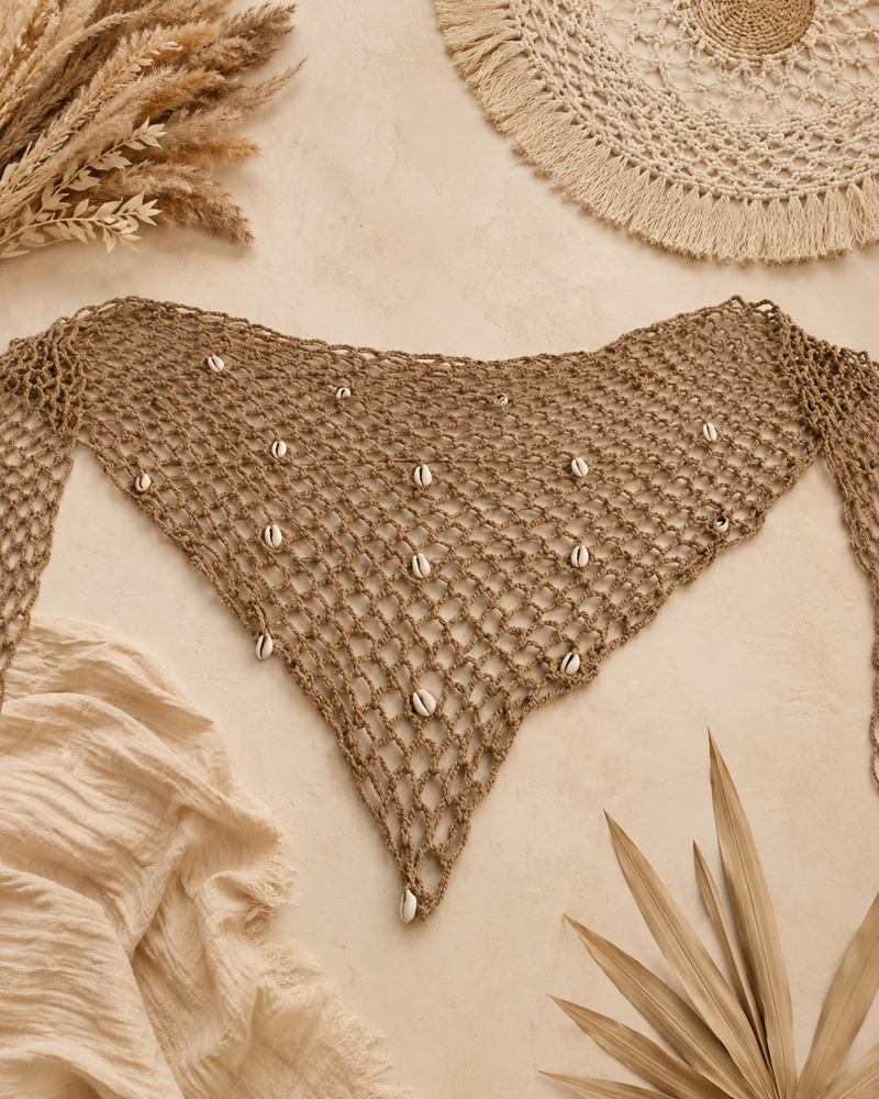 Boho Strand Pareo als Bikini Cover Up - Beiger Netzpareo