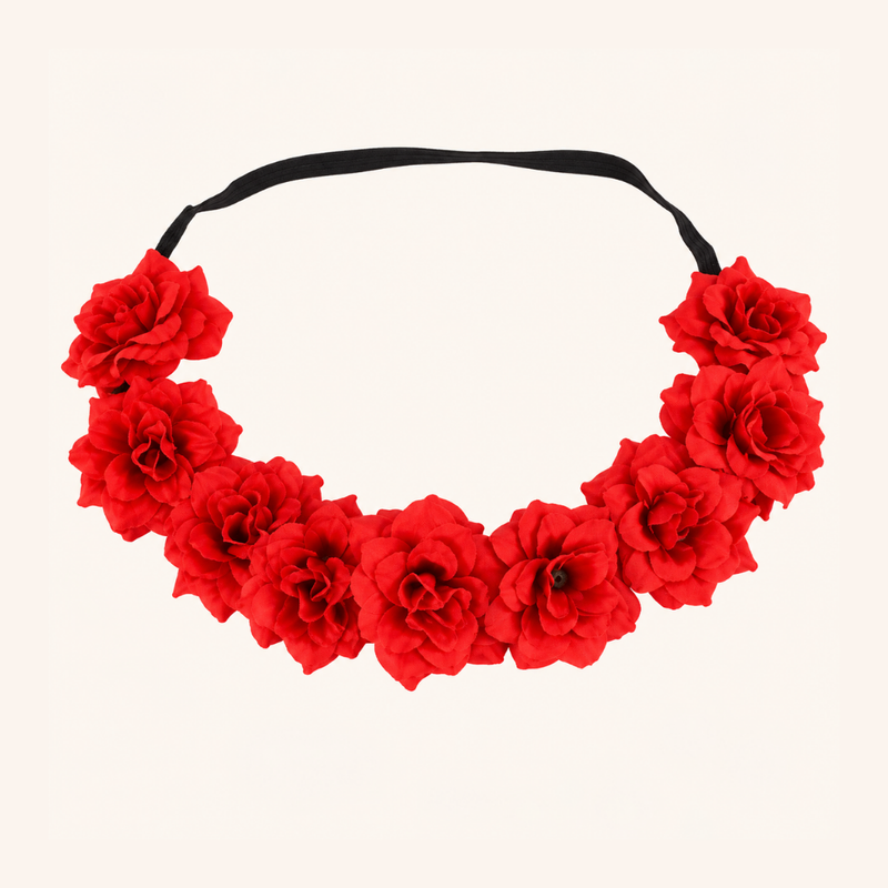 Roter Rosenbesatz auf einem Blumenkranz