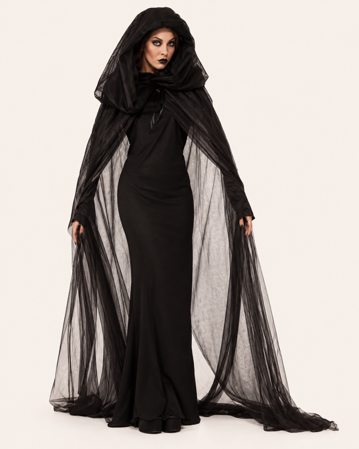 Shadow Queen Halloween-Kleid mit transparentem schwarzem Kapuzenumhang