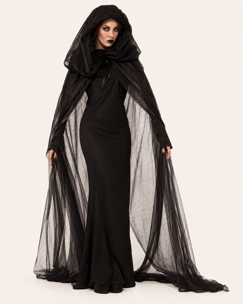 Shadow Queen Halloween-Kleid mit transparentem schwarzem Kapuzenumhang