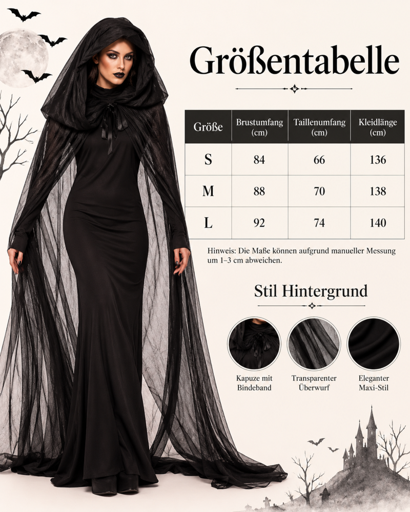 Schwarzer Halloween-Look mit bodenlangem Kleid und durchsichtigem Umhang