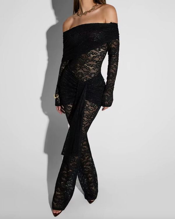 transparenter Damen Jumpsuit Overall aus Spitzen Lace Stoff - Schulterfreier eleganter Einteiler 