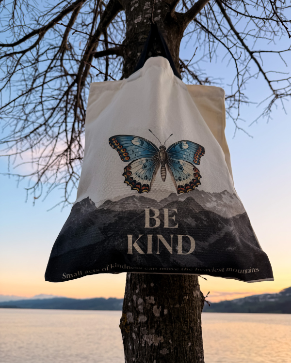 BE KIND Einkaufstasche Stofftasche mit schwarzen Hänkeln 