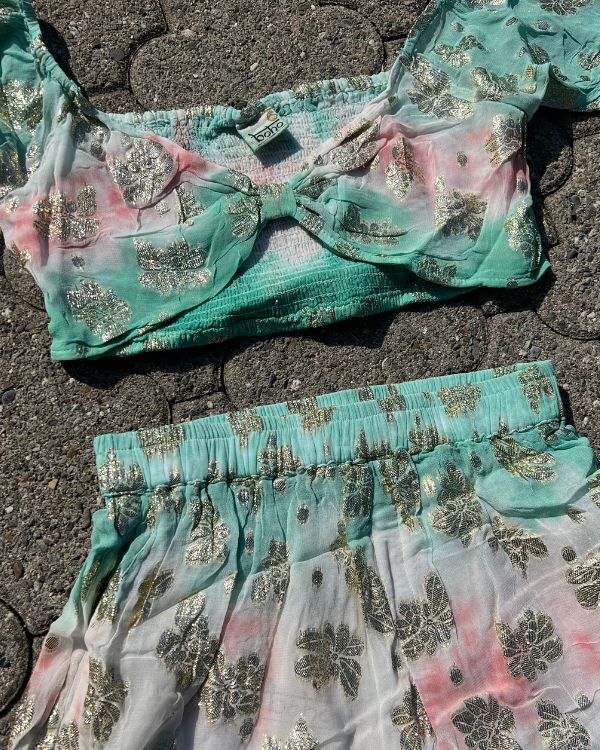 Grün Rosa Batik Farbverlauf Zweiteiler Set im Festival Boho Chic Look 