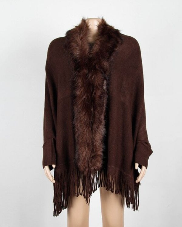 Dunkelbrauner eleganter Damen Cardigan Cape Poncho mit Kunstpelz Kragen