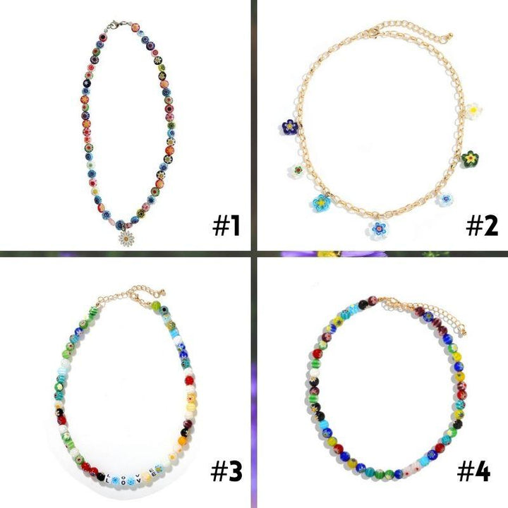 Farbige Blumen Choker Halsketten Damen - Flower Power Halsketten mit LOVE Buchstaben