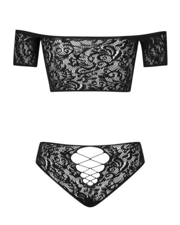 Spitzen Erotik Dessous Damen Set mit Bandeau Top und Aermeln und String Hose