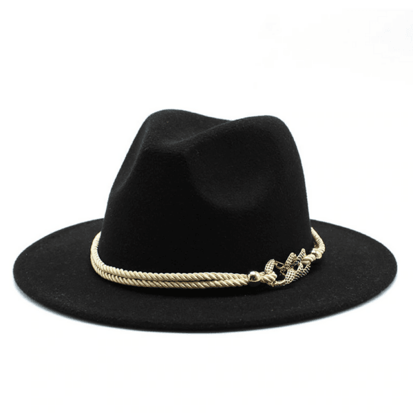 Strohhut Panamahut Filzhut Damenhut | Kopfbedeckung mit Kettenverzierung | Hoher Damen Hut mit goldenem Kettendesign | Fashion Bohemian Accessoires | Hut schwarz