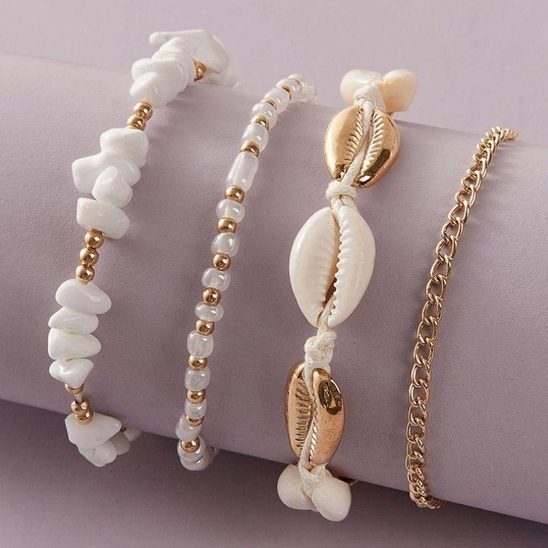 Gold - weisse Muschel Fussketten Set - 4 Schmuck Ketten in einem Set