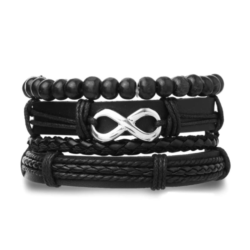 Herren Armband Set aus 4 diversen Armkette aus Kunstleder und Holzperlen mit Infinity Zeichen 
