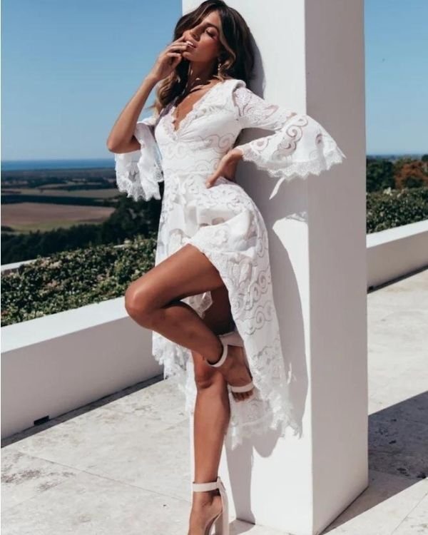 Weisses Damen Spitzen Kleid Lace Boho Maxikleid Sommerkleid mit Spitzen Details
