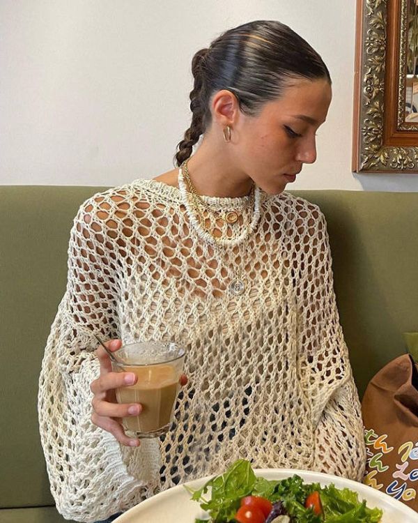 Weisser Netzpullover mit grossen Netzloechern - Strick Knitted Pullover Shirt in oversize Schnitt 