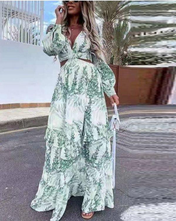 Weiss Gruenes Damen Maxikleid mit Ruffeld Effekt und langen Aermeln