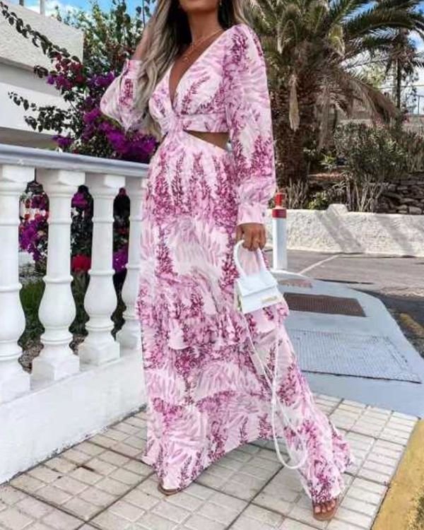 Maxikleid Damen Pink Rosa Blumen Muster Offener Schnitt unter der Brust 