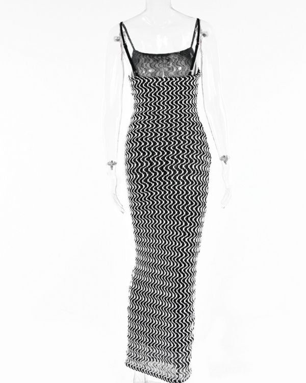 Damen Maxikleid in schwarz weiss Muster im Vintage Retro Stil