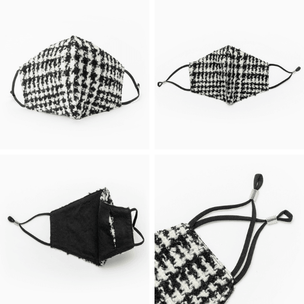 Pied de Poule Fashion Stoffmaske | Mundschutz im Hahnentritt Muster in schwarz und weiss | Designer Maske aus gewebter Wolle im Chanel Style | Exklusive Deluxe Fashion Maske für Damen | schwarz-weiss Mundschutz mit Style 